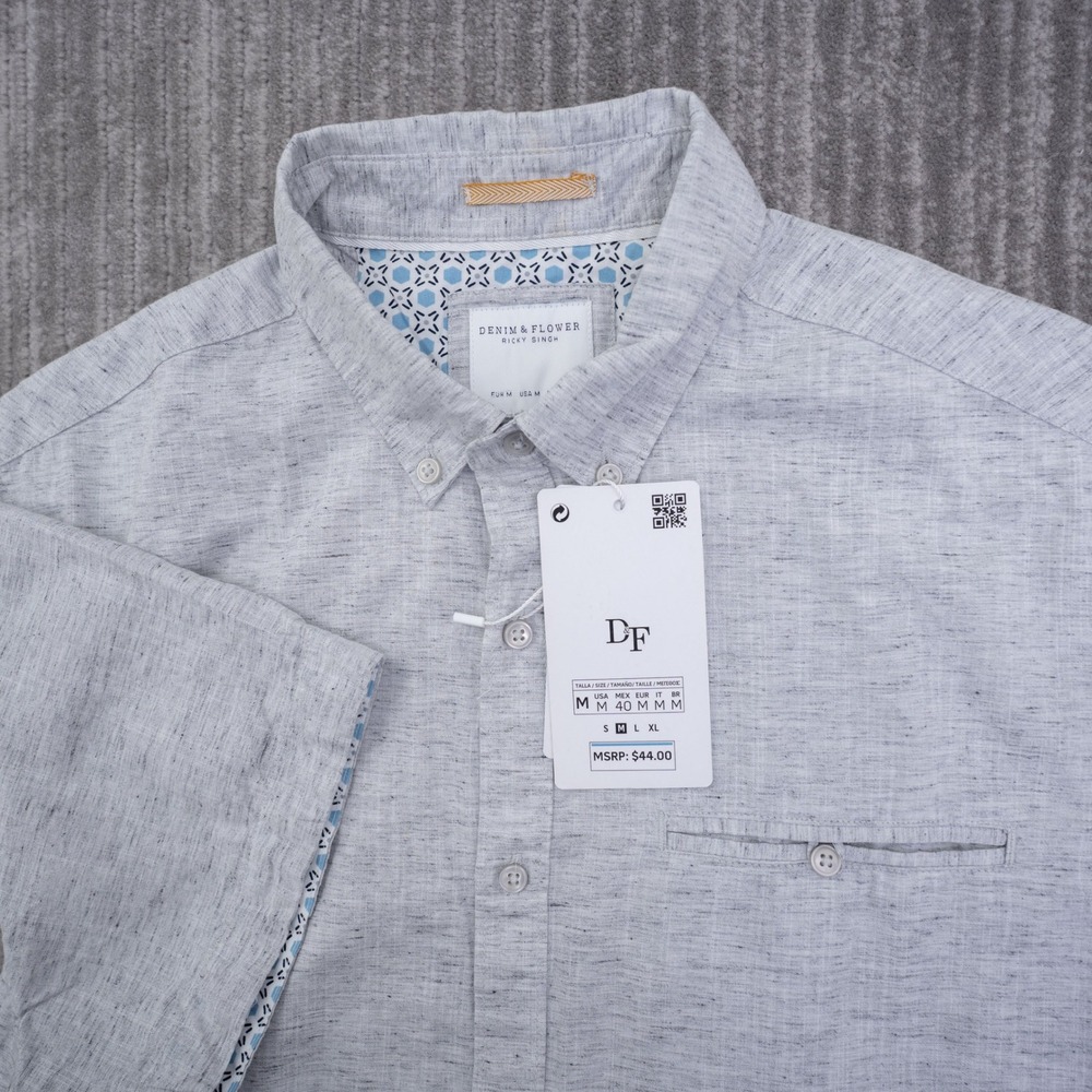 Denim & Flower Ricky Singh Men Medium Gray Short Sleeve Button Down Shirt New